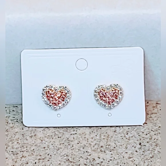 DOUBLE HEART PINK & CLEAR CUBIC ZIRCONIA SURGICAL STEEL STUD EARRINGS - Picture 8 of 9